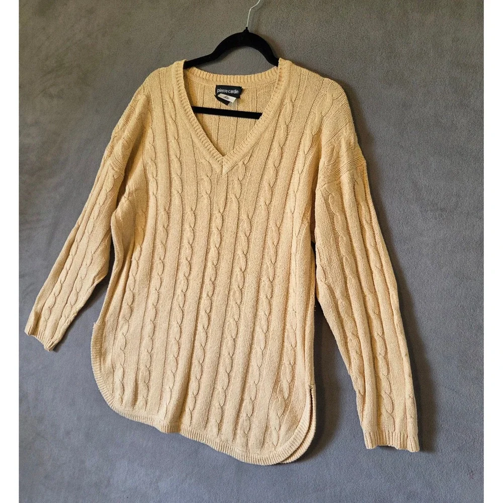 Pierre Cardin Silk V-Neck Cable Knit Sweater Women Medium Quiet Luxury Coastal